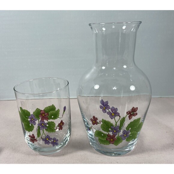 Glass & Vase Bedside Night Table Set Hand Painted Flowers - Picture 1 of 4